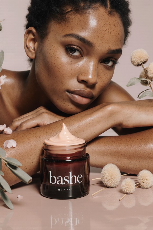 Model with a jar of bashe cream, surrounded by foliage and dried flowers