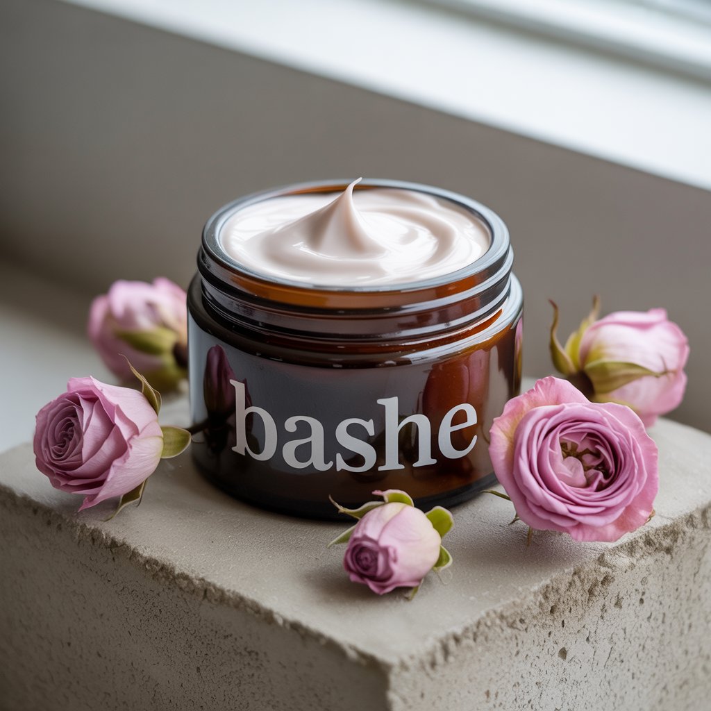 Brown glass jar of cream with pink roses on a concrete block