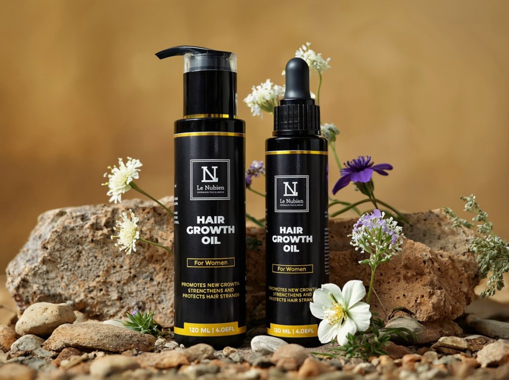 Two bottles of hair growth oil on rocks with flowers