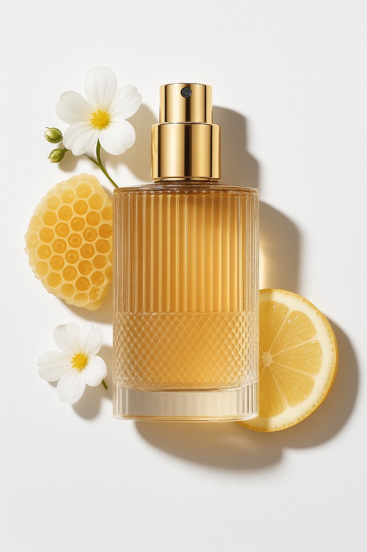 Elegant perfume bottle with honeycomb, flowers, and lemon slice